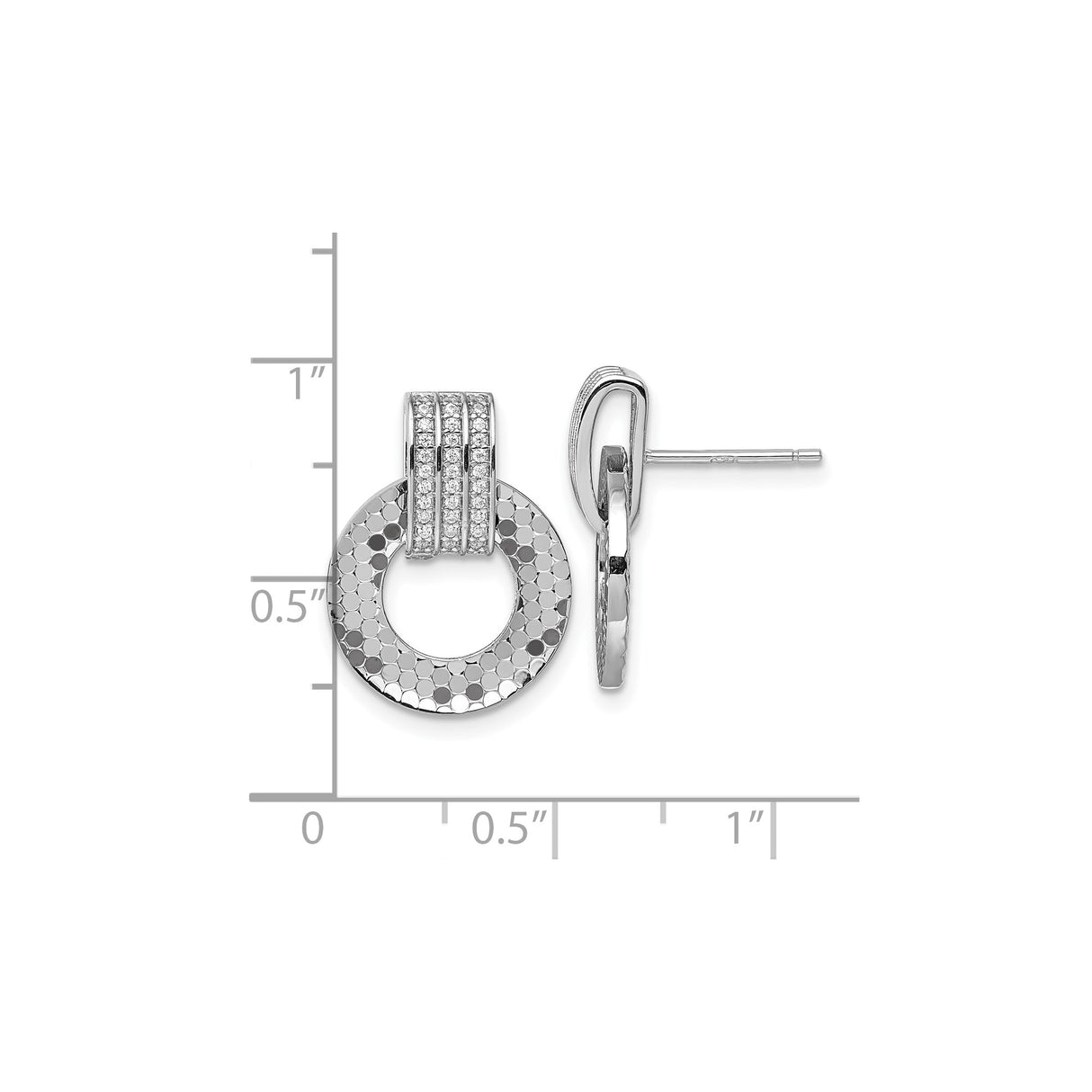 Sterling Silver Dangle Stud Earrings with Cubic Zirconia Pavé Bar and Textured Open Circle Design