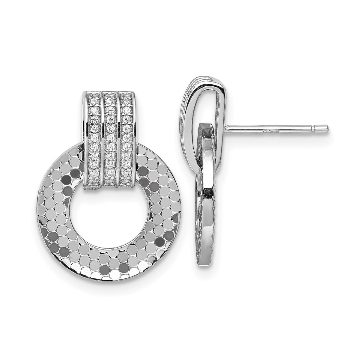 Sterling Silver Dangle Stud Earrings with Cubic Zirconia Pavé Bar and Textured Open Circle Design