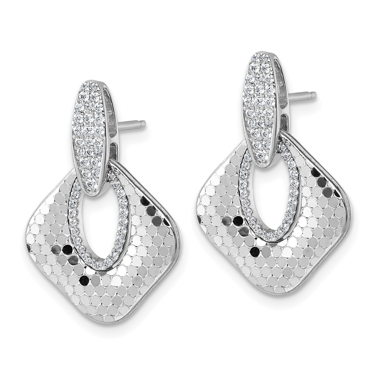 Sterling Silver Dangle Earrings with Cubic Zirconia, Open Teardrop and Square Design