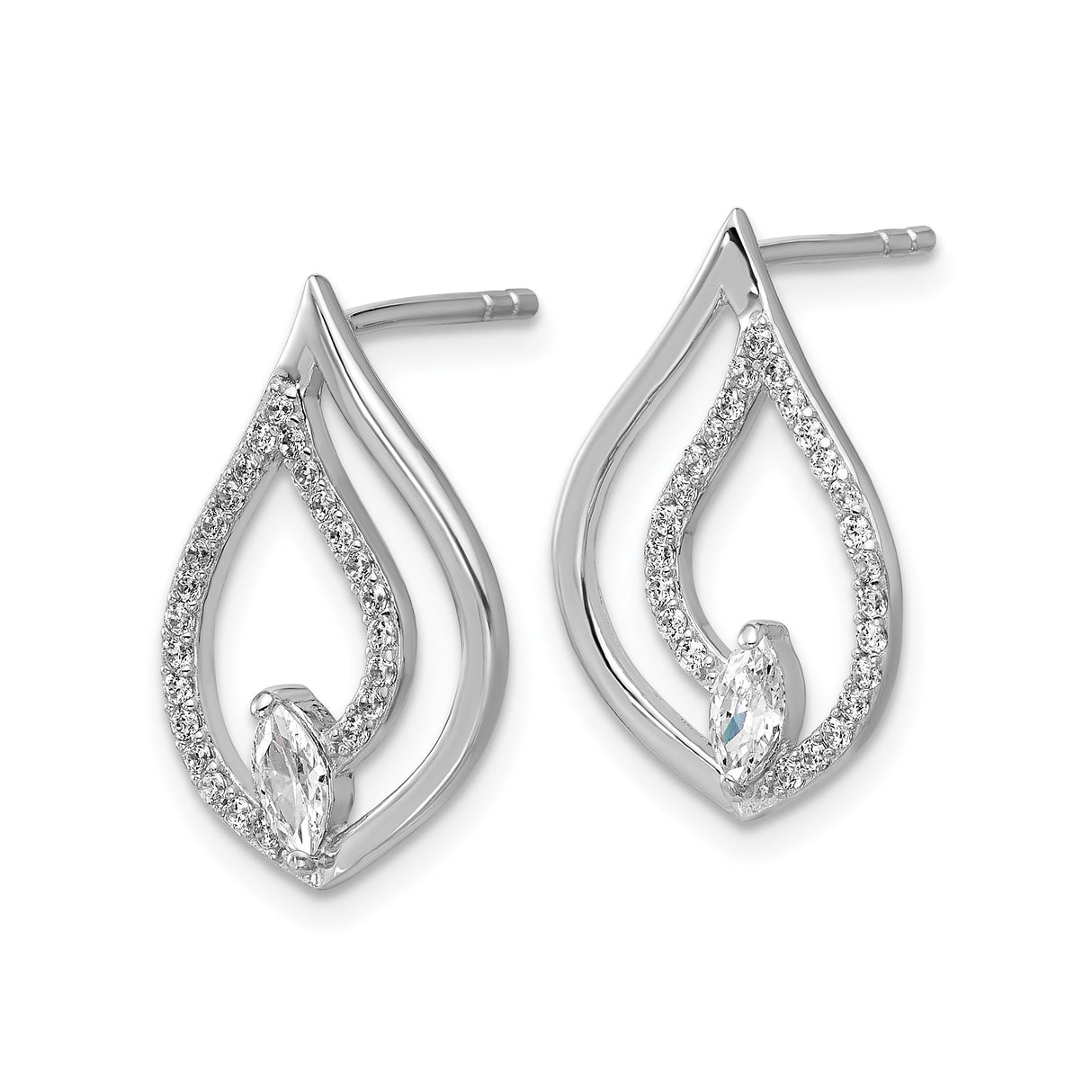 Sterling Silver Teardrop Stud Earrings with Marquise Cut Cubic Zirconia, Flame Design Pavé Setting