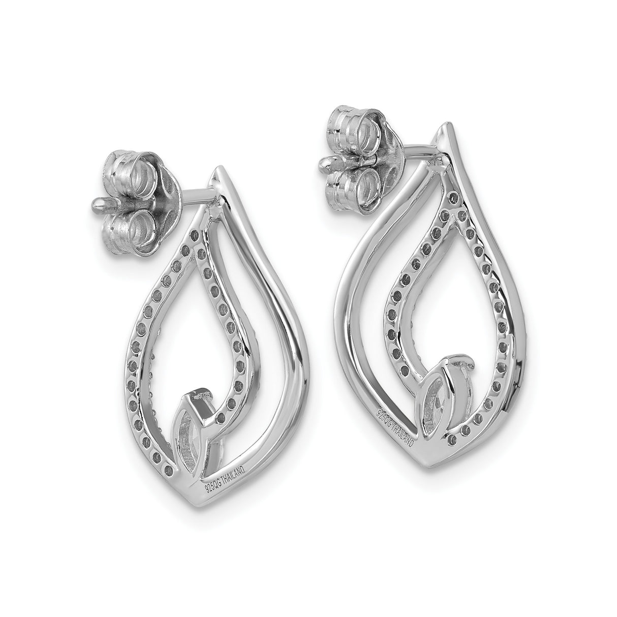 Sterling Silver Teardrop Stud Earrings with Marquise Cut Cubic Zirconia, Flame Design Pavé Setting