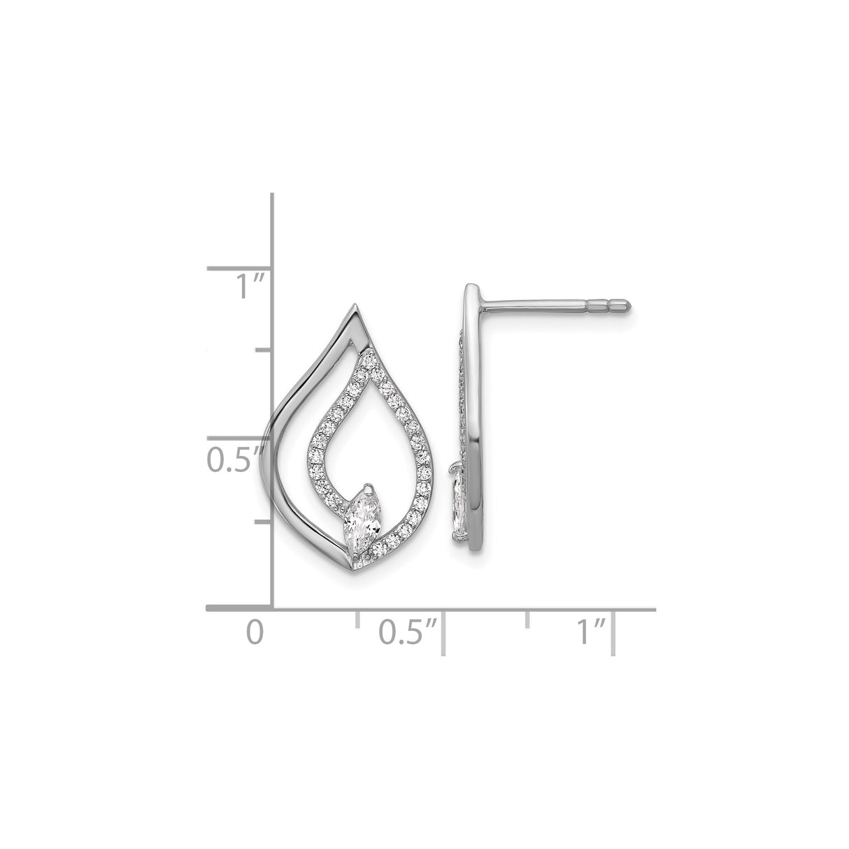 Sterling Silver Teardrop Stud Earrings with Marquise Cut Cubic Zirconia, Flame Design Pavé Setting