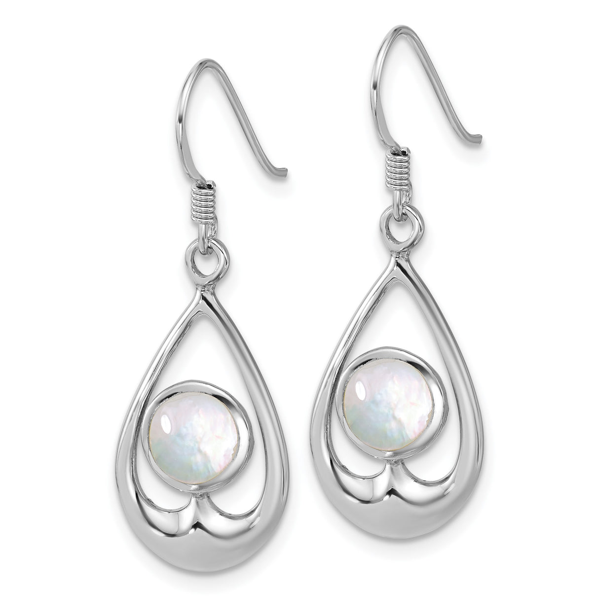 Sterling Silver Teardrop Dangle Earrings with Mother of Pearl and Open Heart Design