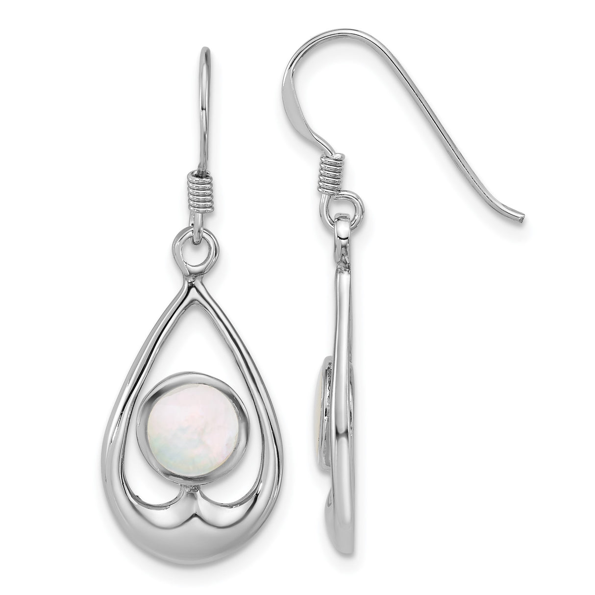 Sterling Silver Teardrop Dangle Earrings with Mother of Pearl and Open Heart Design