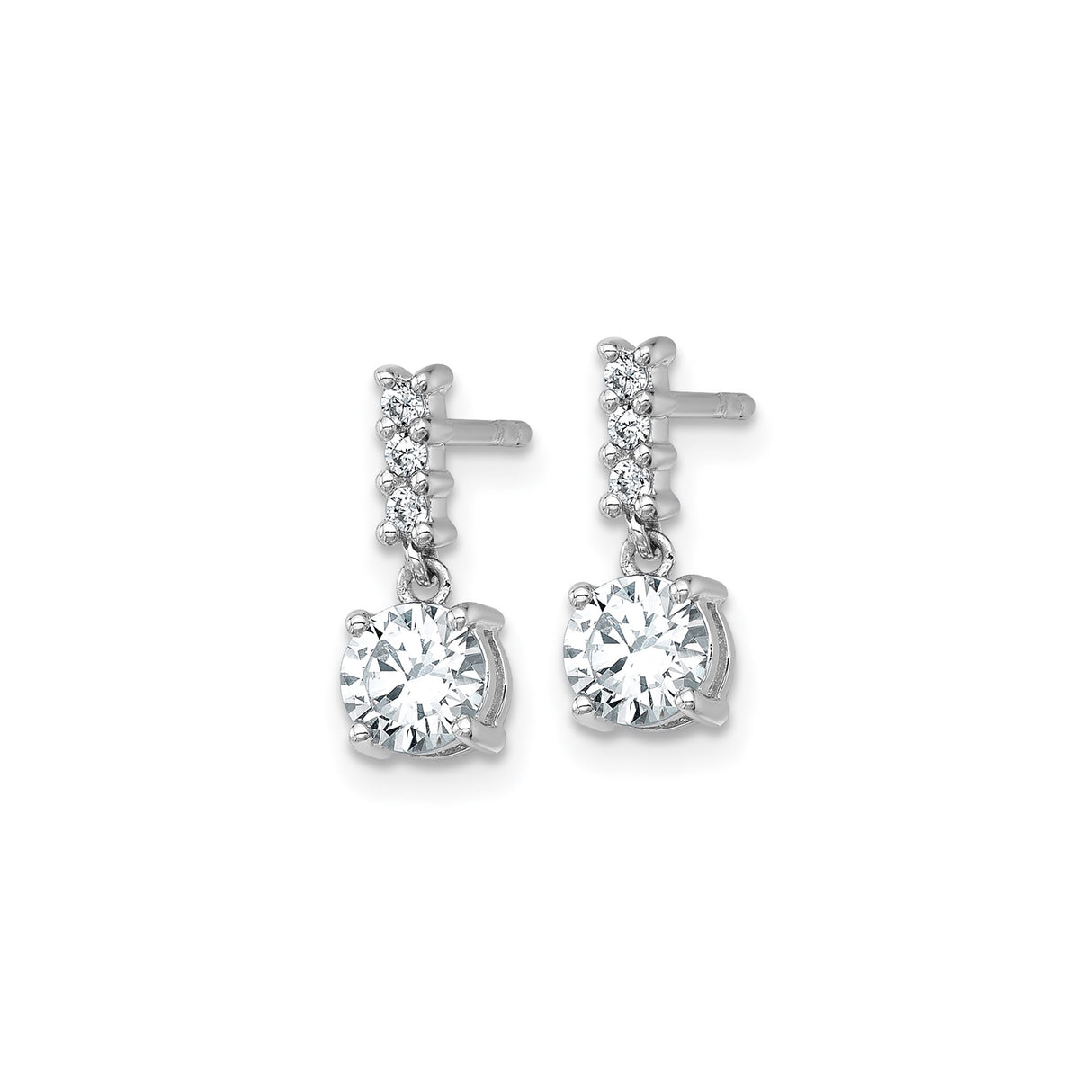 Sterling Silver Dangle Stud Earrings with Round Cut Cubic Zirconia, Linear Drop Design