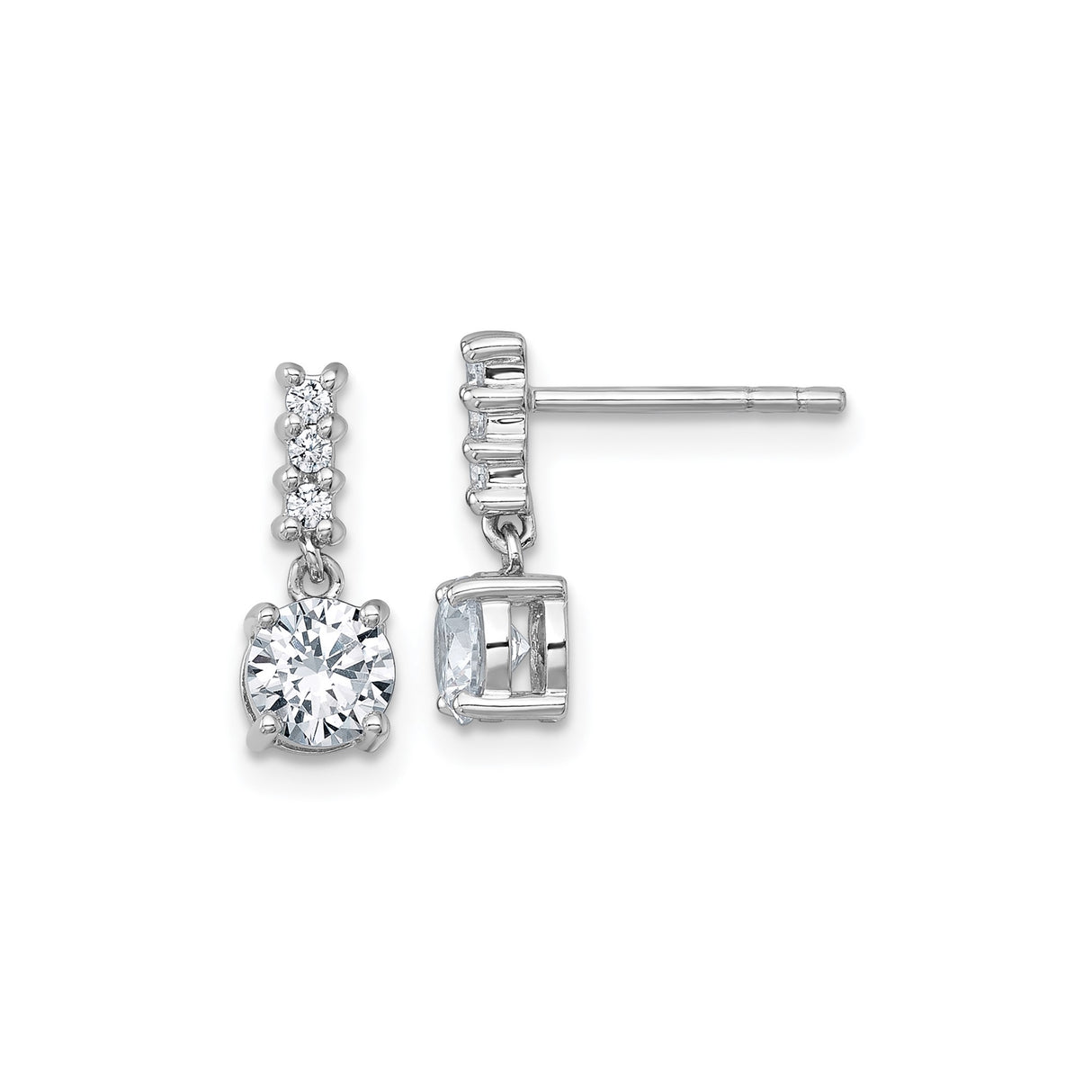 Sterling Silver Dangle Stud Earrings with Round Cut Cubic Zirconia, Linear Drop Design