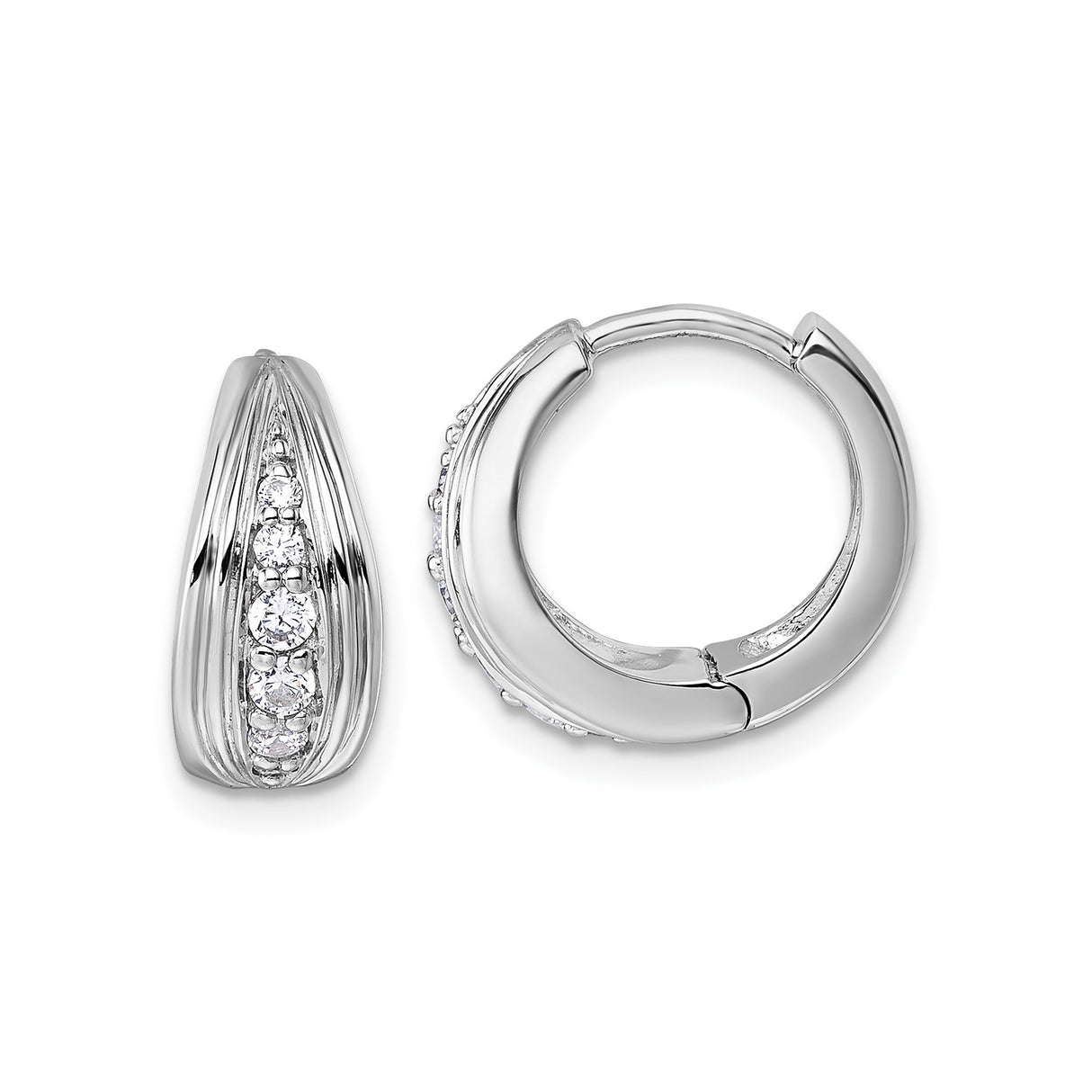 Sterling Silver Huggie Hoop Earrings with Cubic Zirconia, Polished Modern Minimalist Design