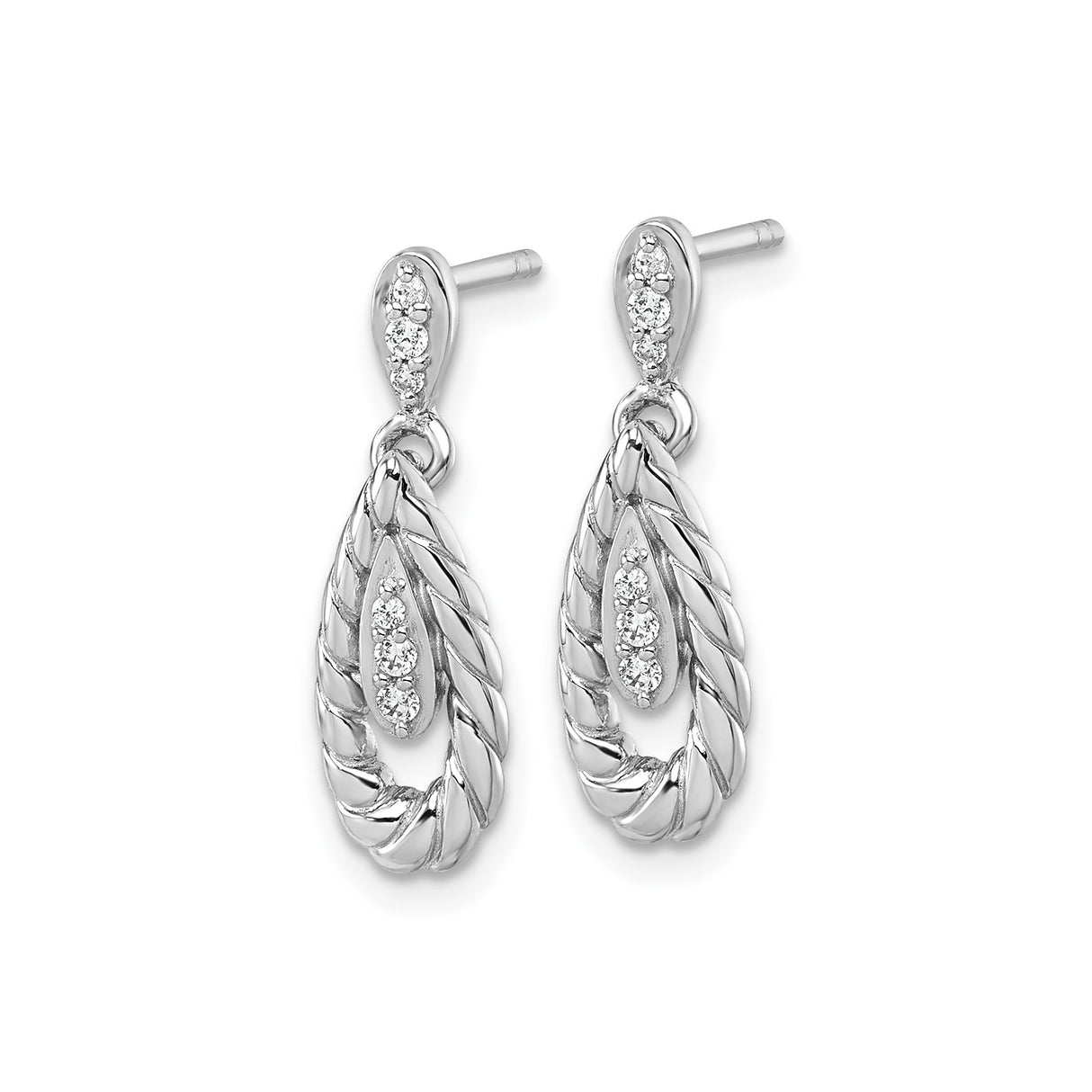 Sterling Silver Teardrop Dangle Earrings with Cubic Zirconia and Twisted Rope Design