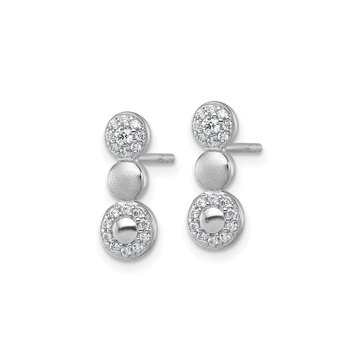 Sterling Silver Stud Earrings with Cubic Zirconia Halo, Vertical Trio Disc Design