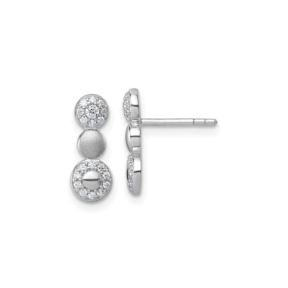 Sterling Silver Stud Earrings with Cubic Zirconia Halo, Vertical Trio Disc Design