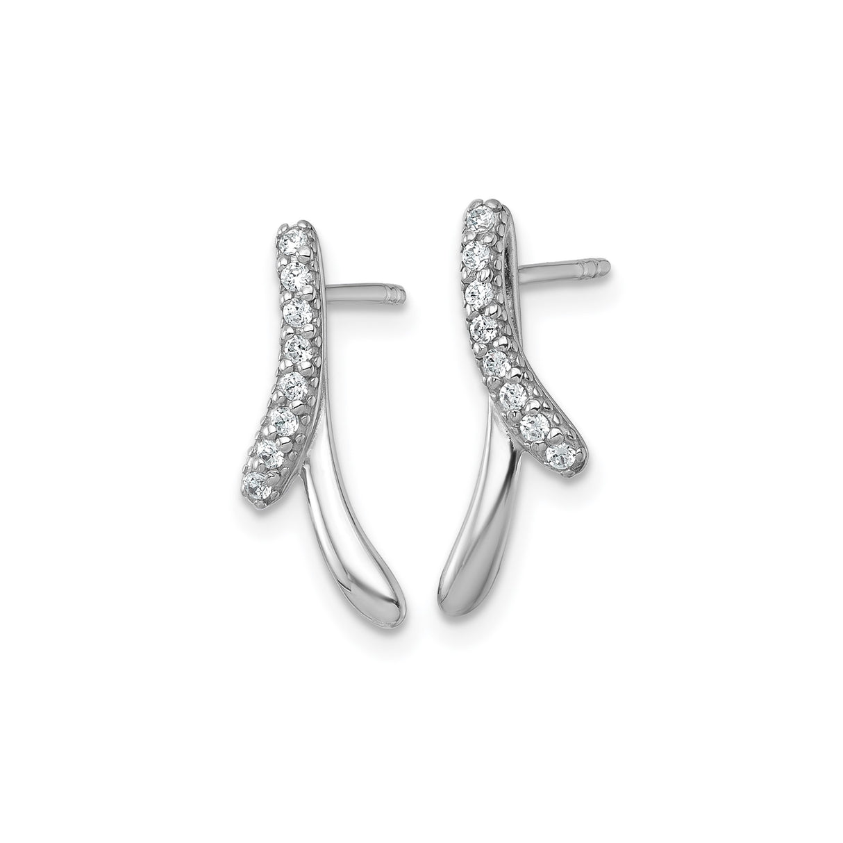 Sterling Silver Stud Earrings with Clear Cubic Zirconia, Modern Curved Design, Rhodium Plated
