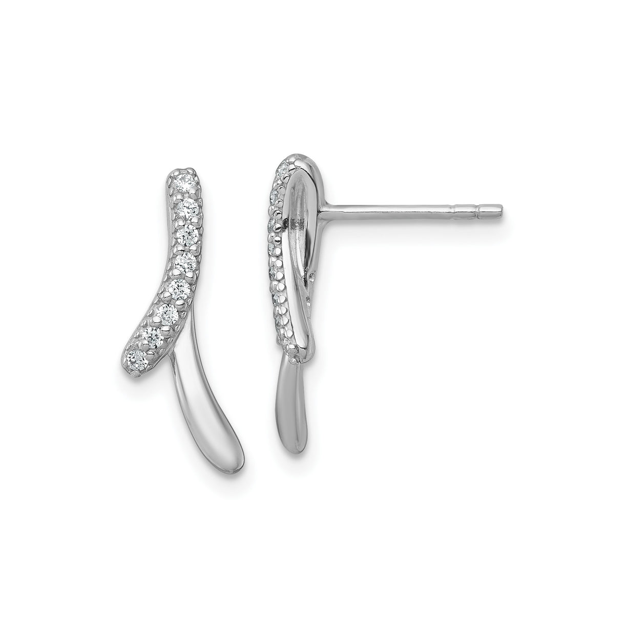 Sterling Silver Stud Earrings with Clear Cubic Zirconia, Modern Curved Design, Rhodium Plated