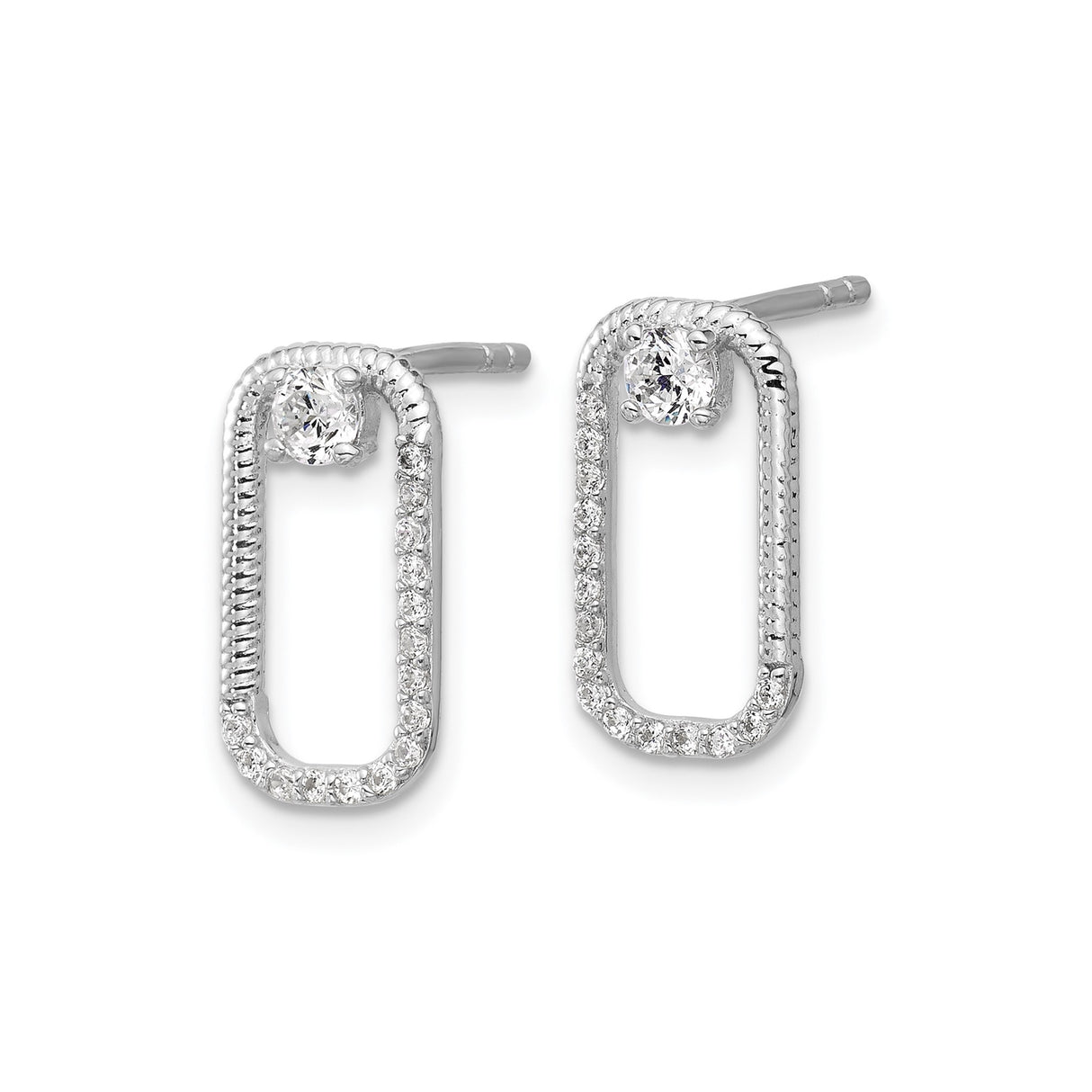 Sterling Silver Rectangle Stud Earrings with Round Cubic Zirconia and Pavé Accents