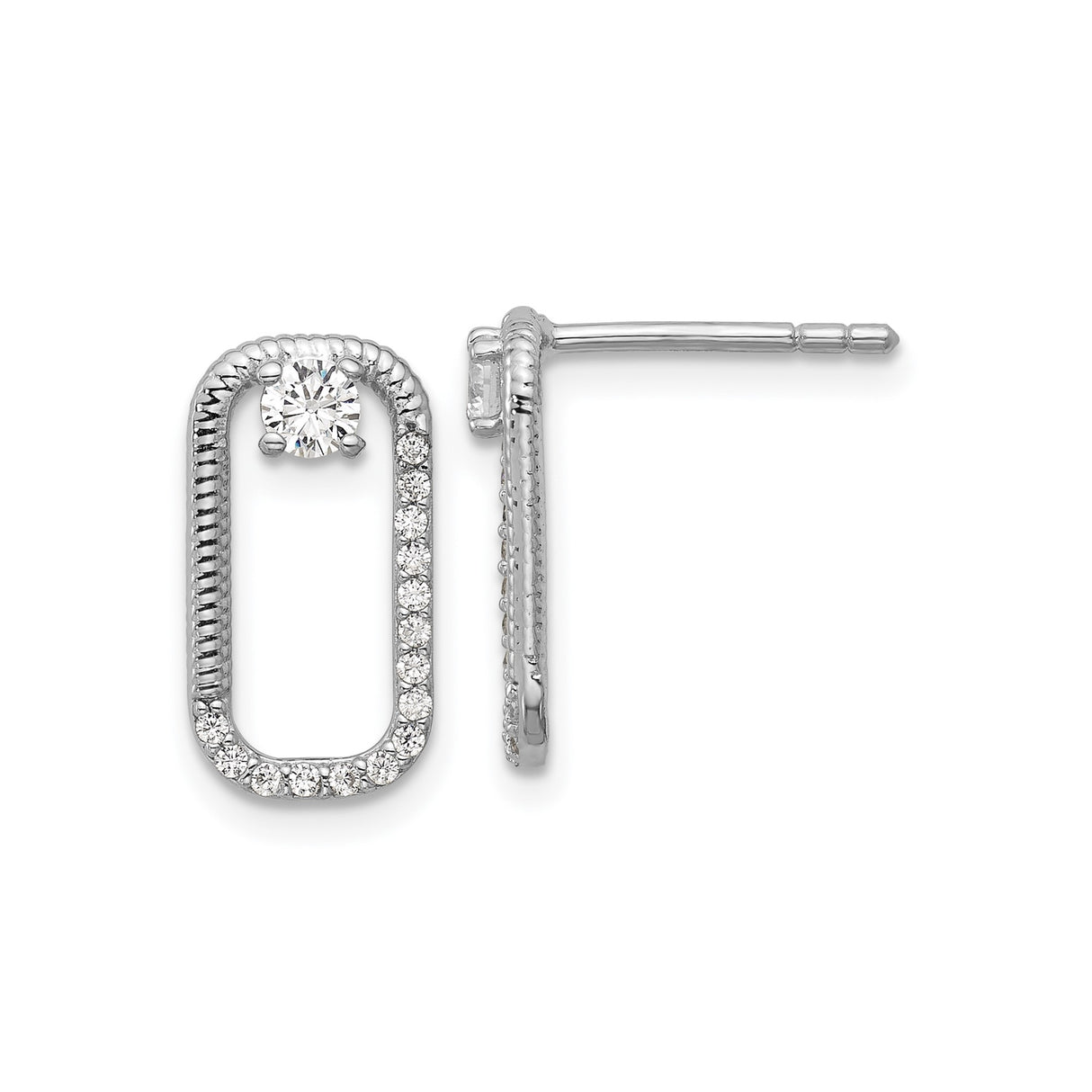 Sterling Silver Rectangle Stud Earrings with Round Cubic Zirconia and Pavé Accents