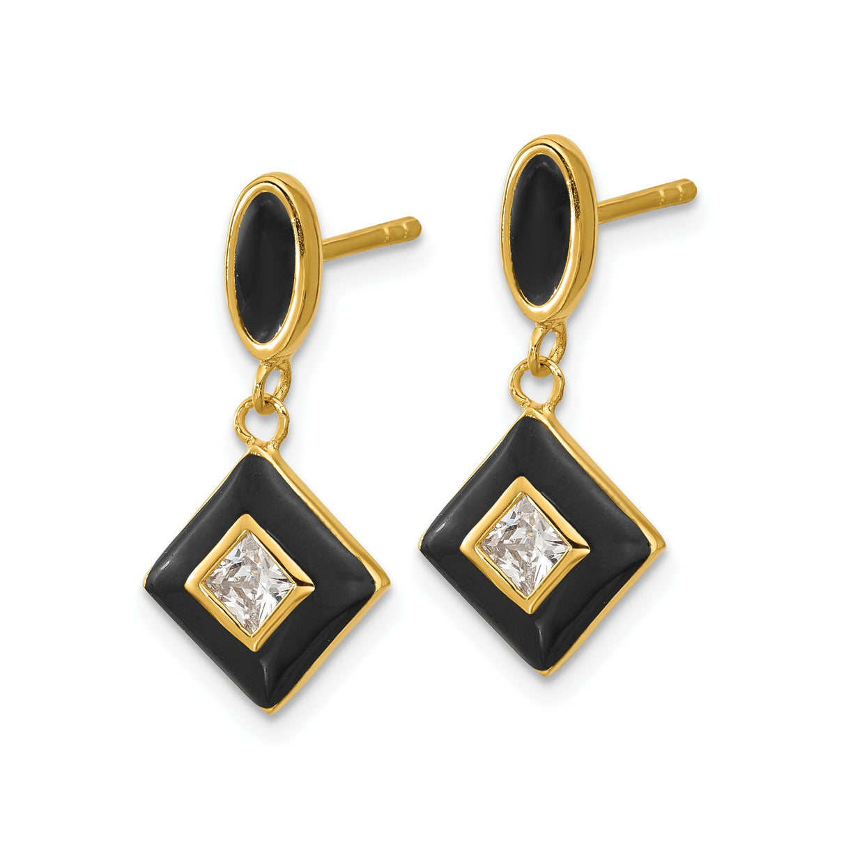 Sterling Silver Dangle Earrings with Cubic Zirconia, Black Enamel, Modern Geometric Drop Design