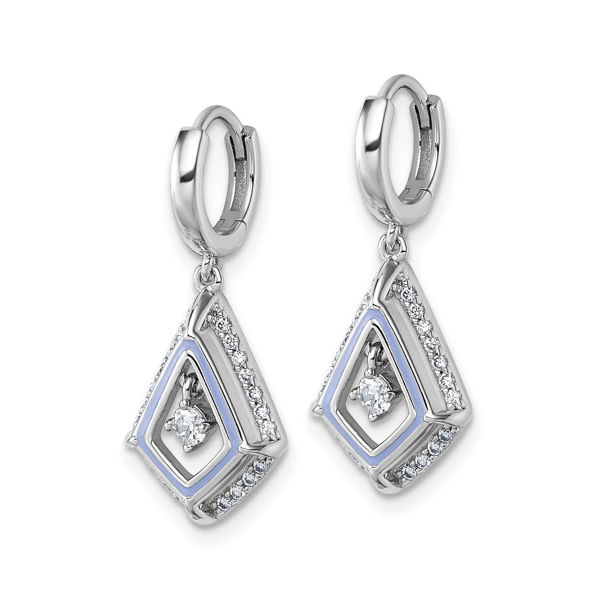 Sterling Silver Dangle Hoop Earrings with Cubic Zirconia, Rhombus Drop, Geometric Design