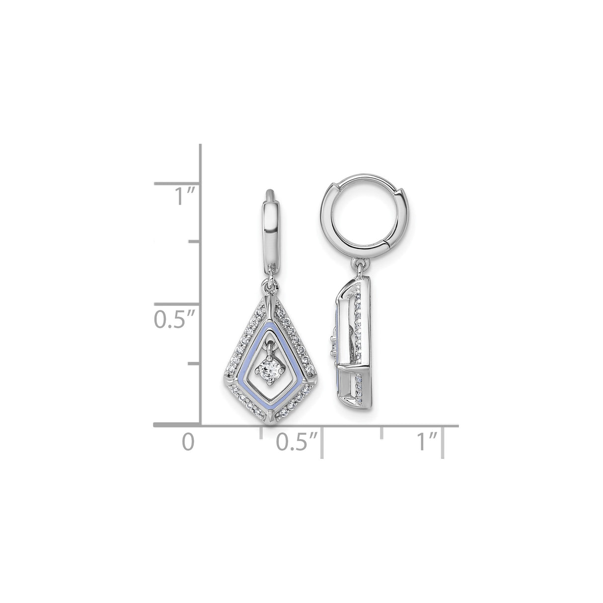 Sterling Silver Dangle Hoop Earrings with Cubic Zirconia, Rhombus Drop, Geometric Design