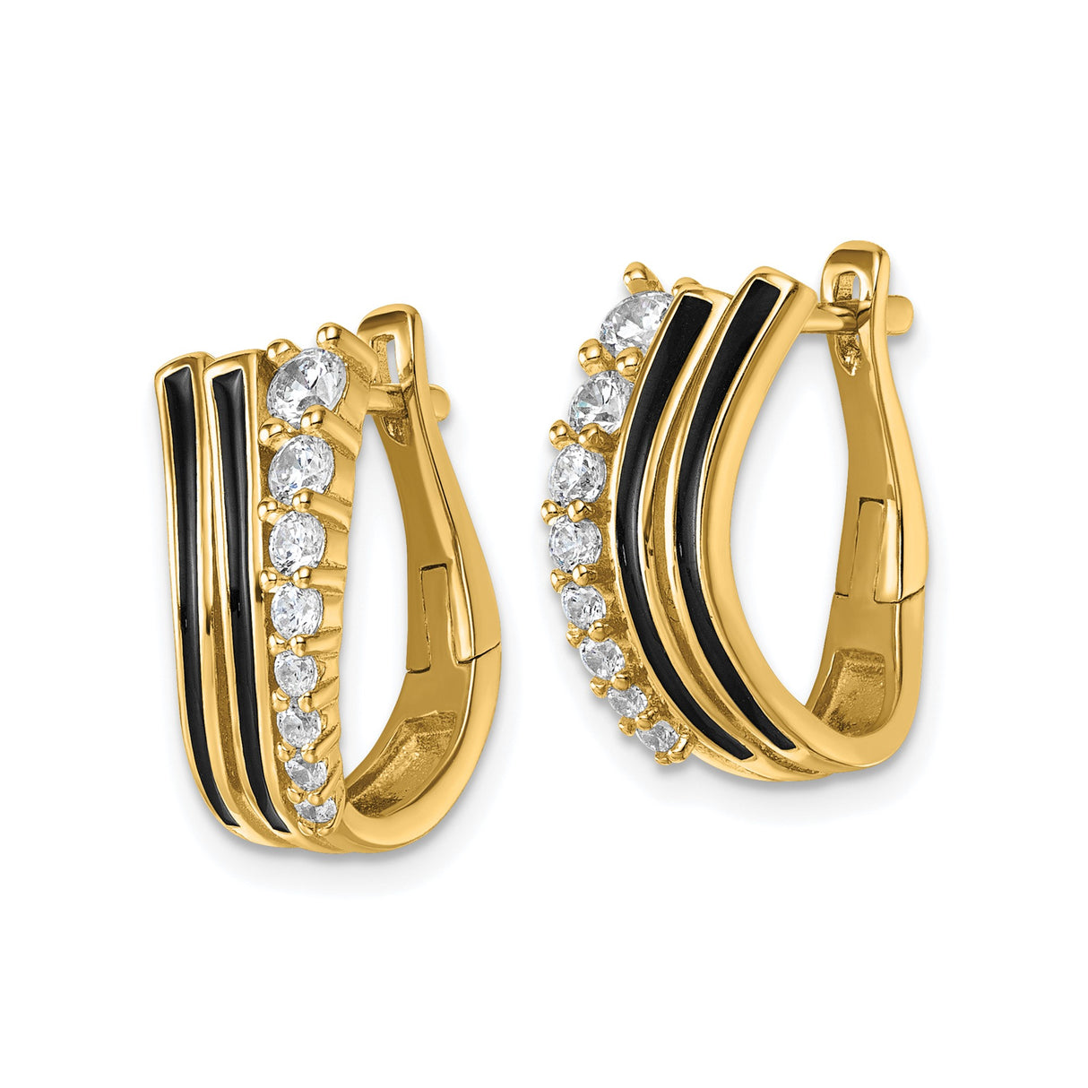 Sterling Silver Hoop Earrings with Black Enamel and Cubic Zirconia, Triple Row Design for Women