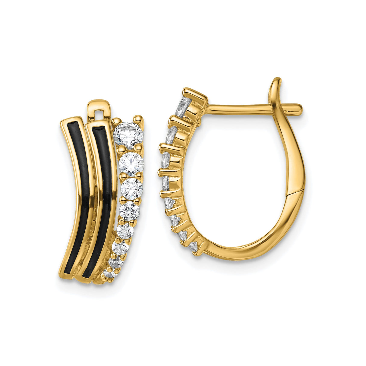 Sterling Silver Hoop Earrings with Black Enamel and Cubic Zirconia, Triple Row Design for Women