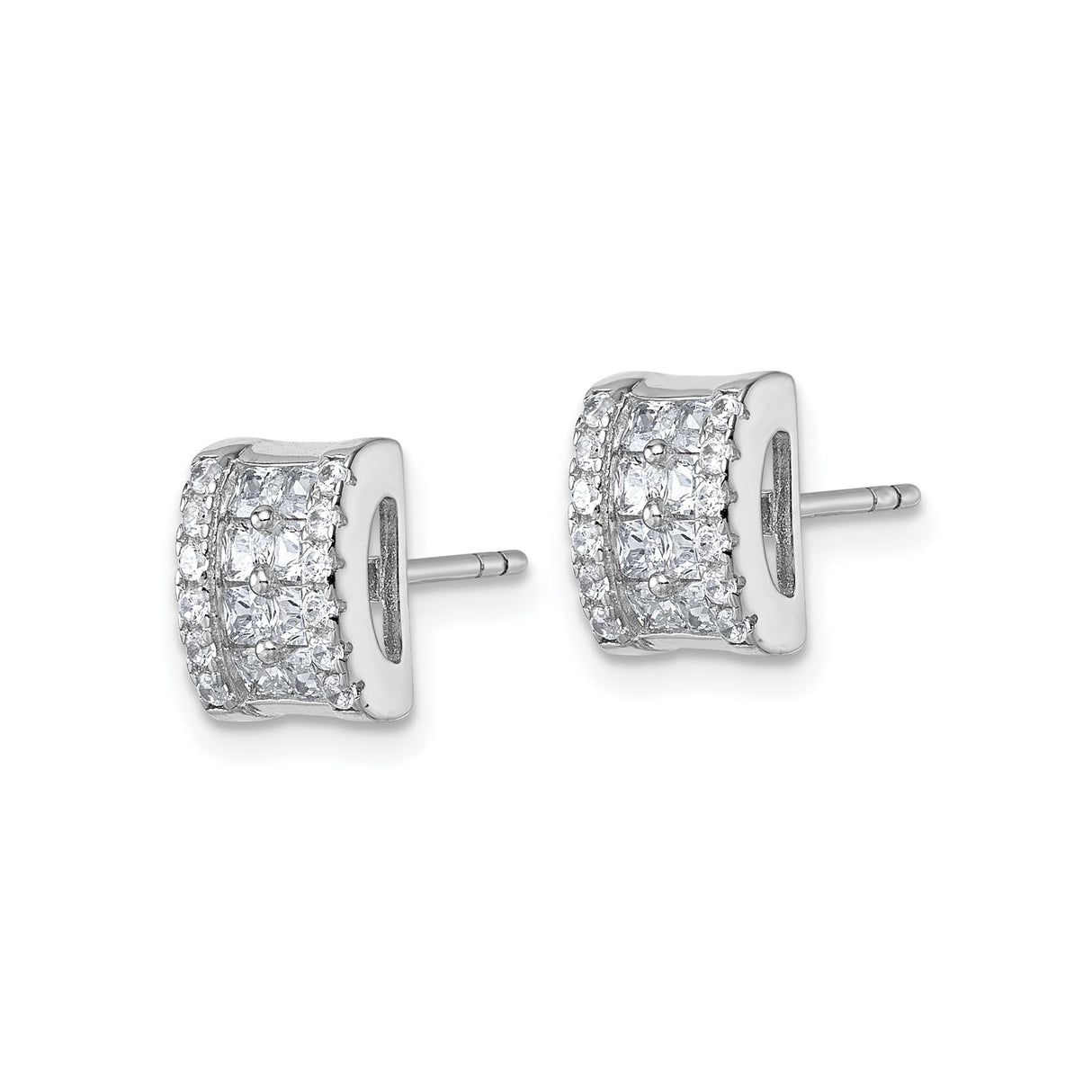 Sterling Silver Rectangle Stud Earrings with Princess Cut Cubic Zirconia, Geometric Pave Design