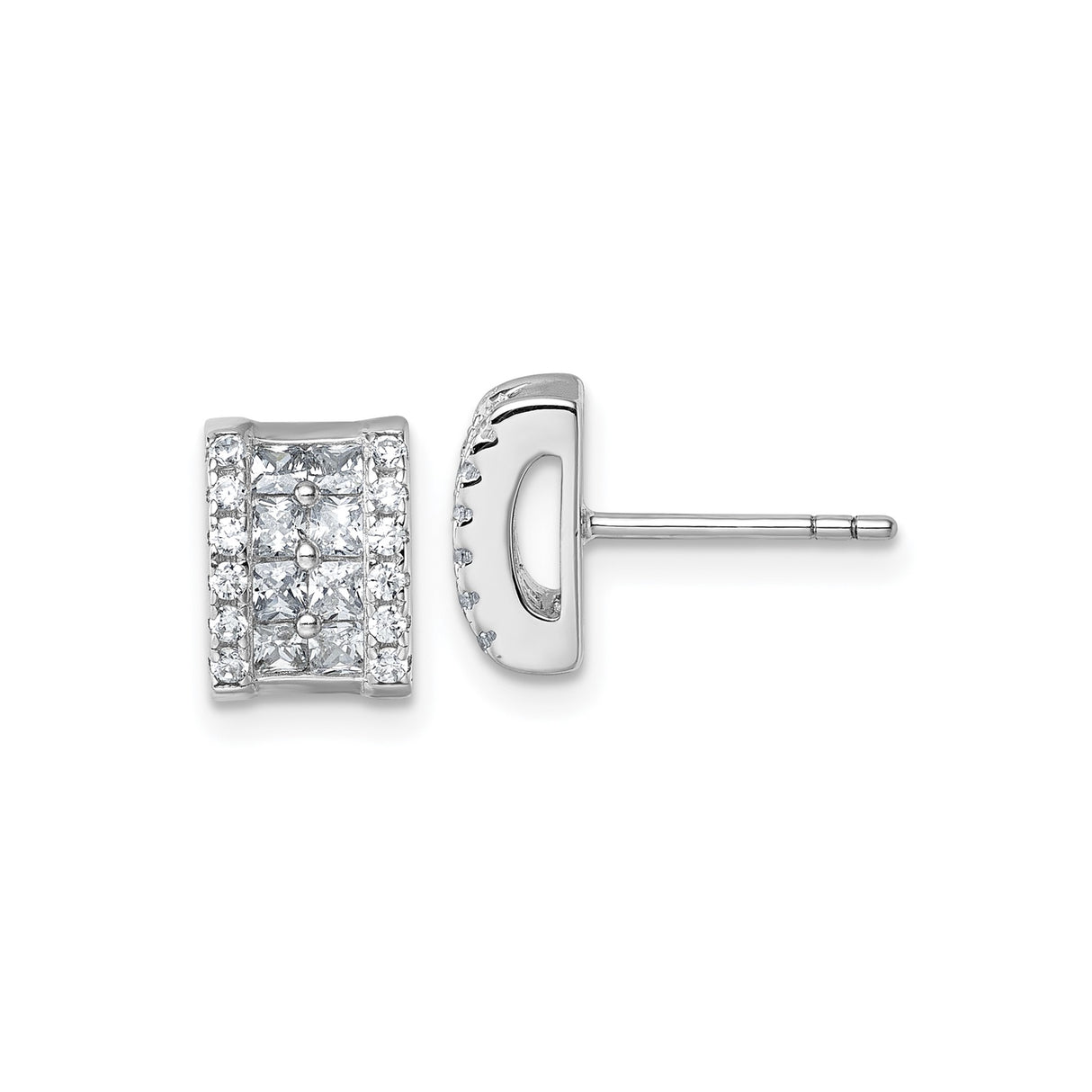 Sterling Silver Rectangle Stud Earrings with Princess Cut Cubic Zirconia, Geometric Pave Design