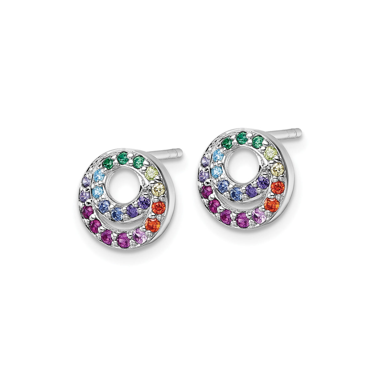Sterling Silver Stud Earrings with Rainbow Cubic Zirconia and Double Open Circle Design