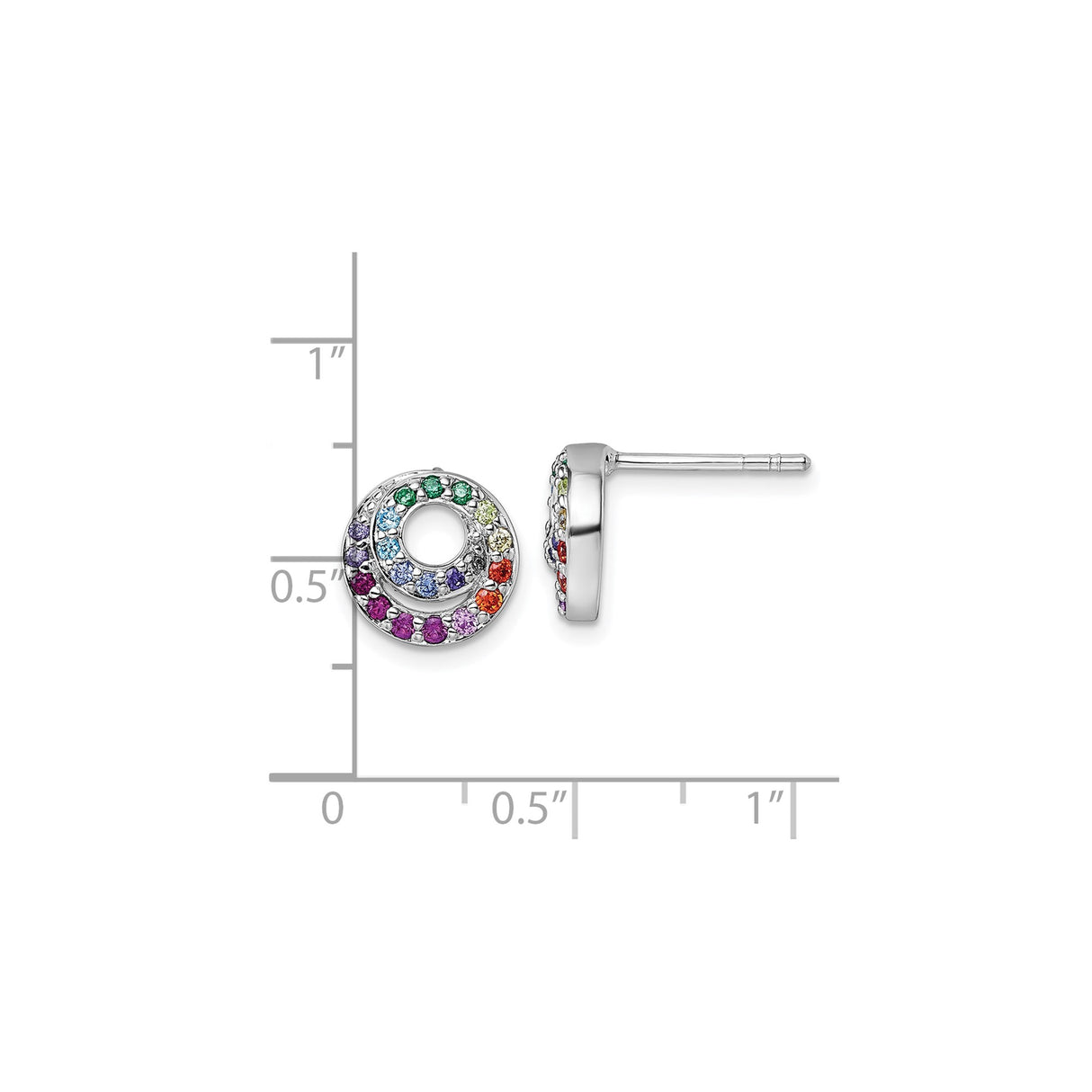 Sterling Silver Stud Earrings with Rainbow Cubic Zirconia and Double Open Circle Design