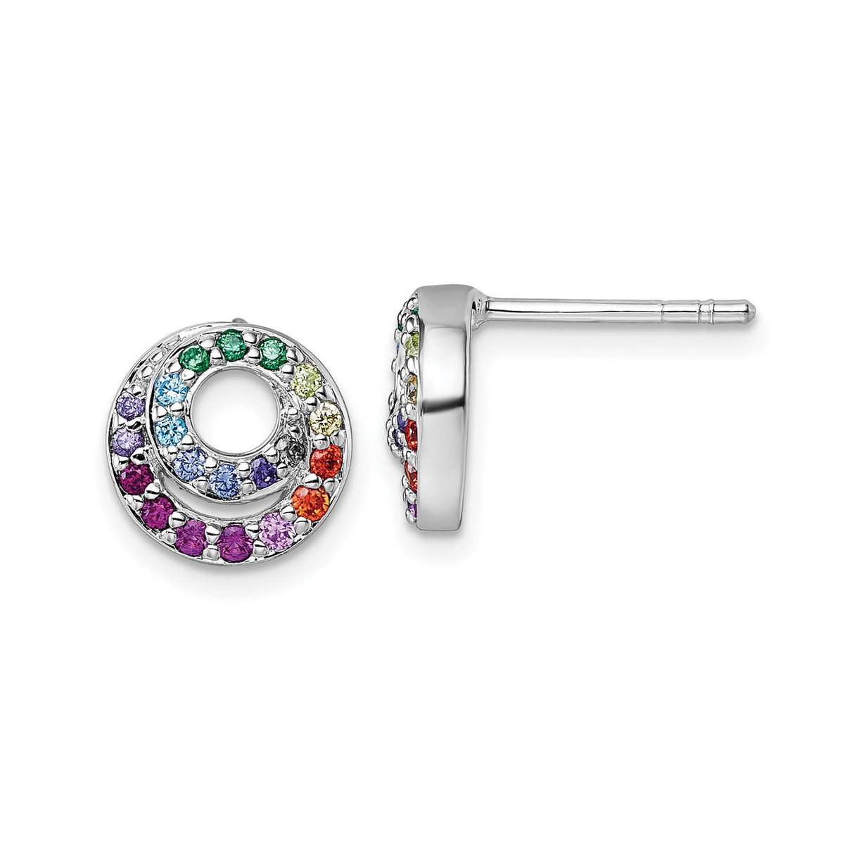 Sterling Silver Stud Earrings with Rainbow Cubic Zirconia and Double Open Circle Design