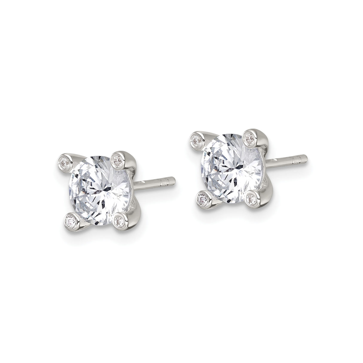 Sterling Silver Stud Earrings with Round Cut Cubic Zirconia, Classic Four Prong Setting, Minimalist Style