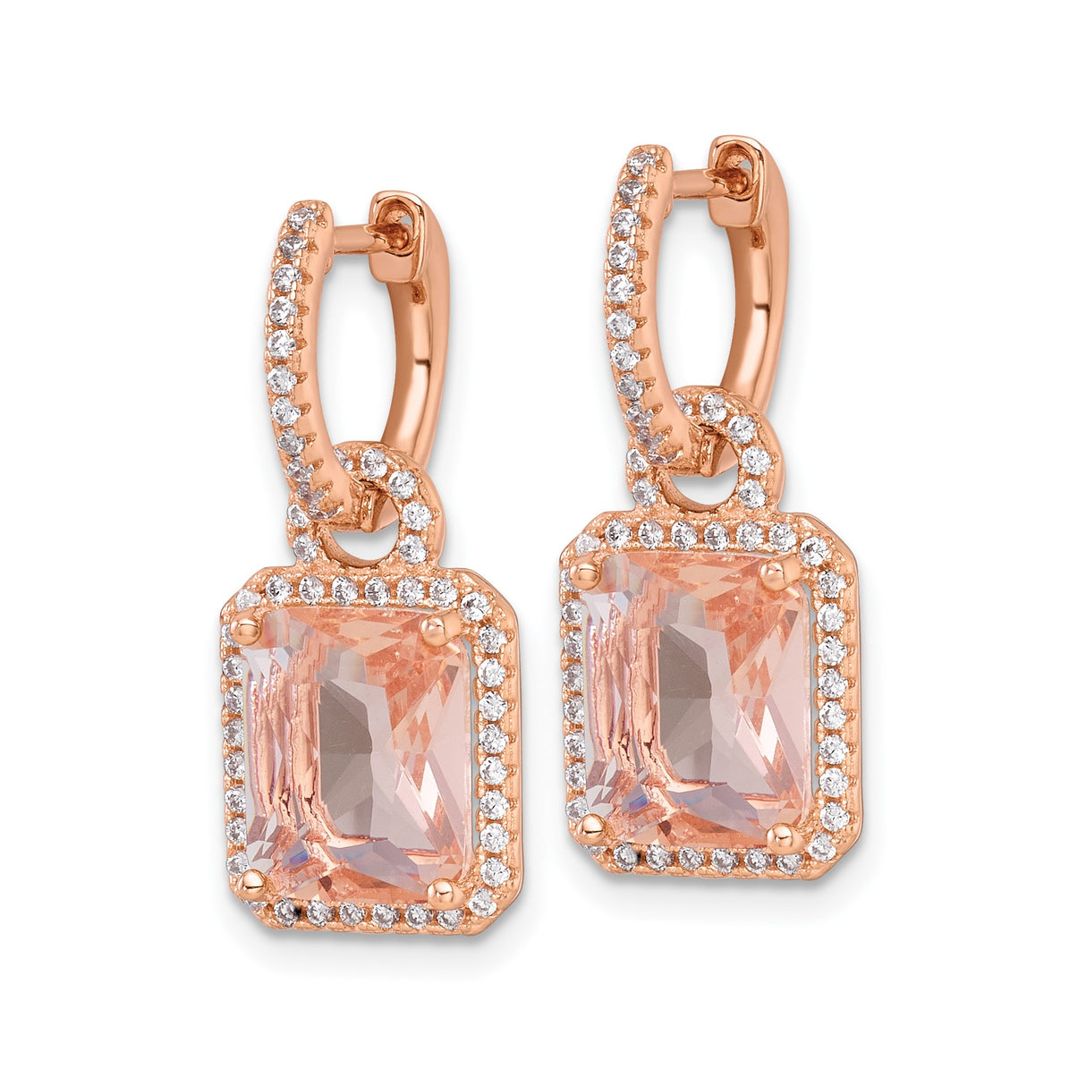 Sterling Silver Dangle Earrings with Emerald Cut Peach Glass and Cubic Zirconia Halo Design