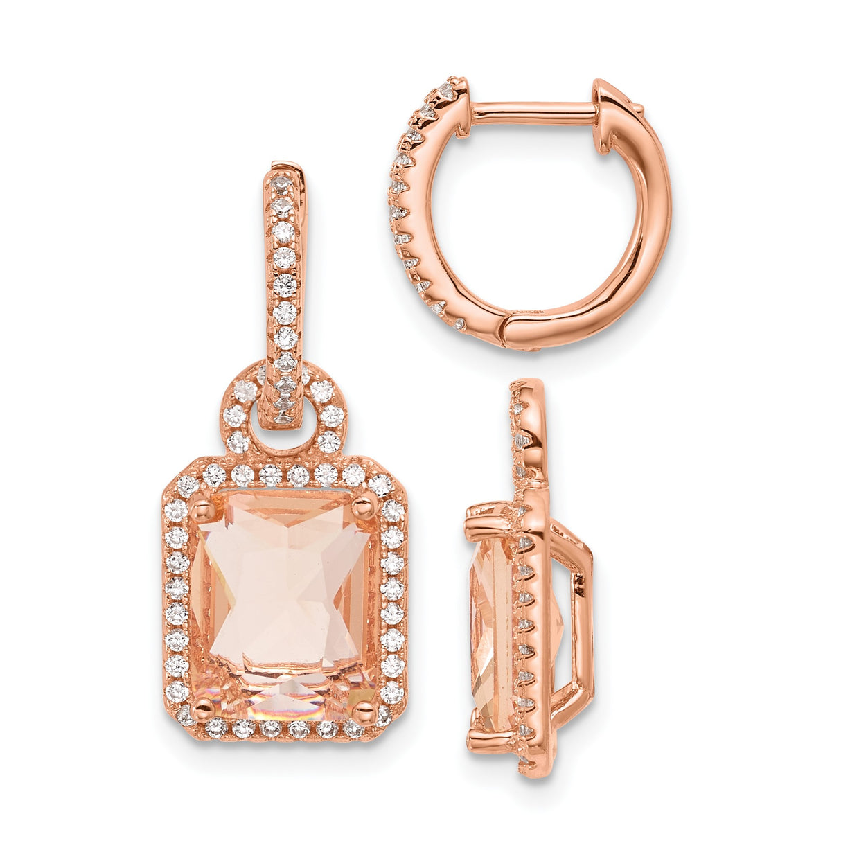 Sterling Silver Dangle Earrings with Emerald Cut Peach Glass and Cubic Zirconia Halo Design