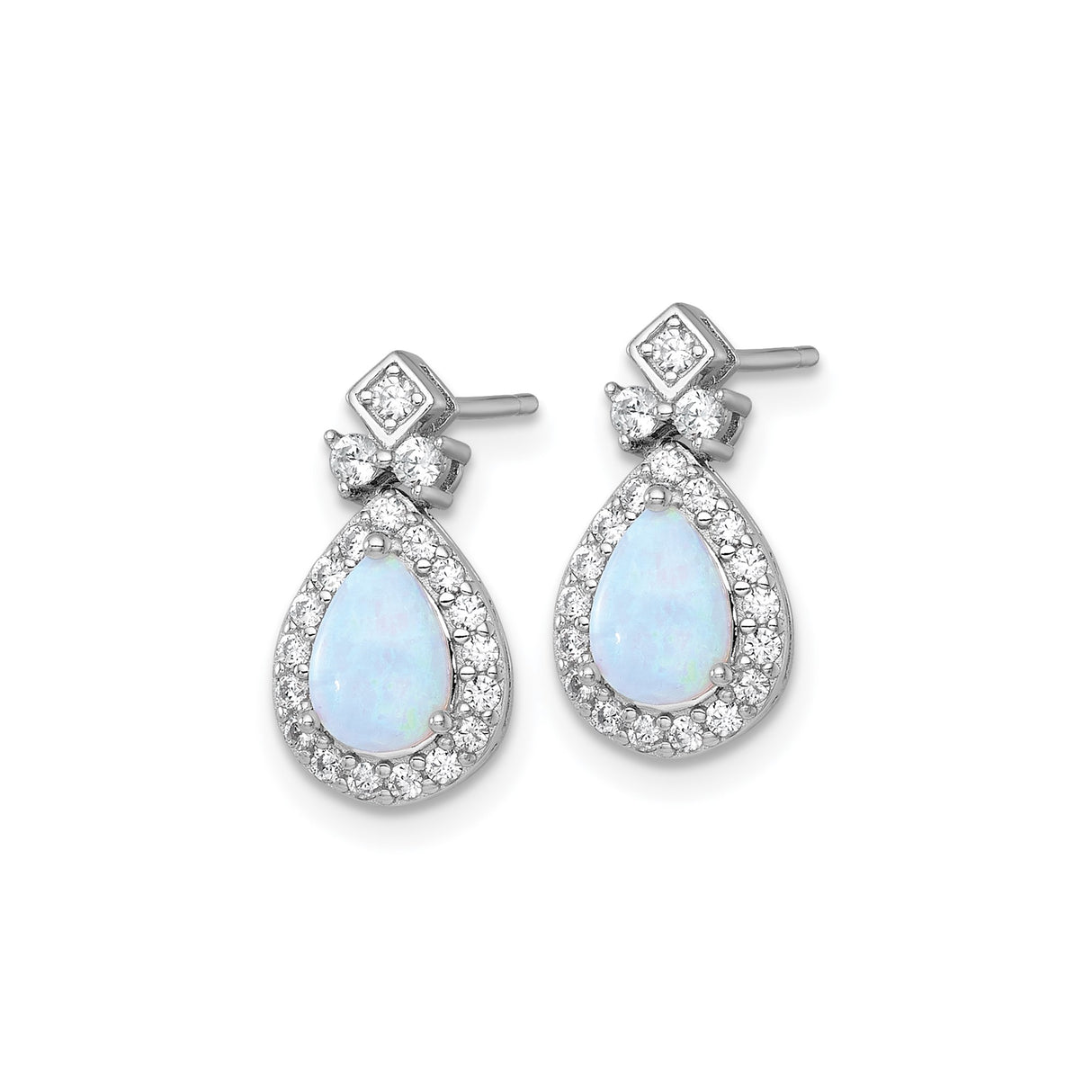 Sterling Silver Teardrop Stud Earrings with Created Opal Center and Cubic Zirconia Halo