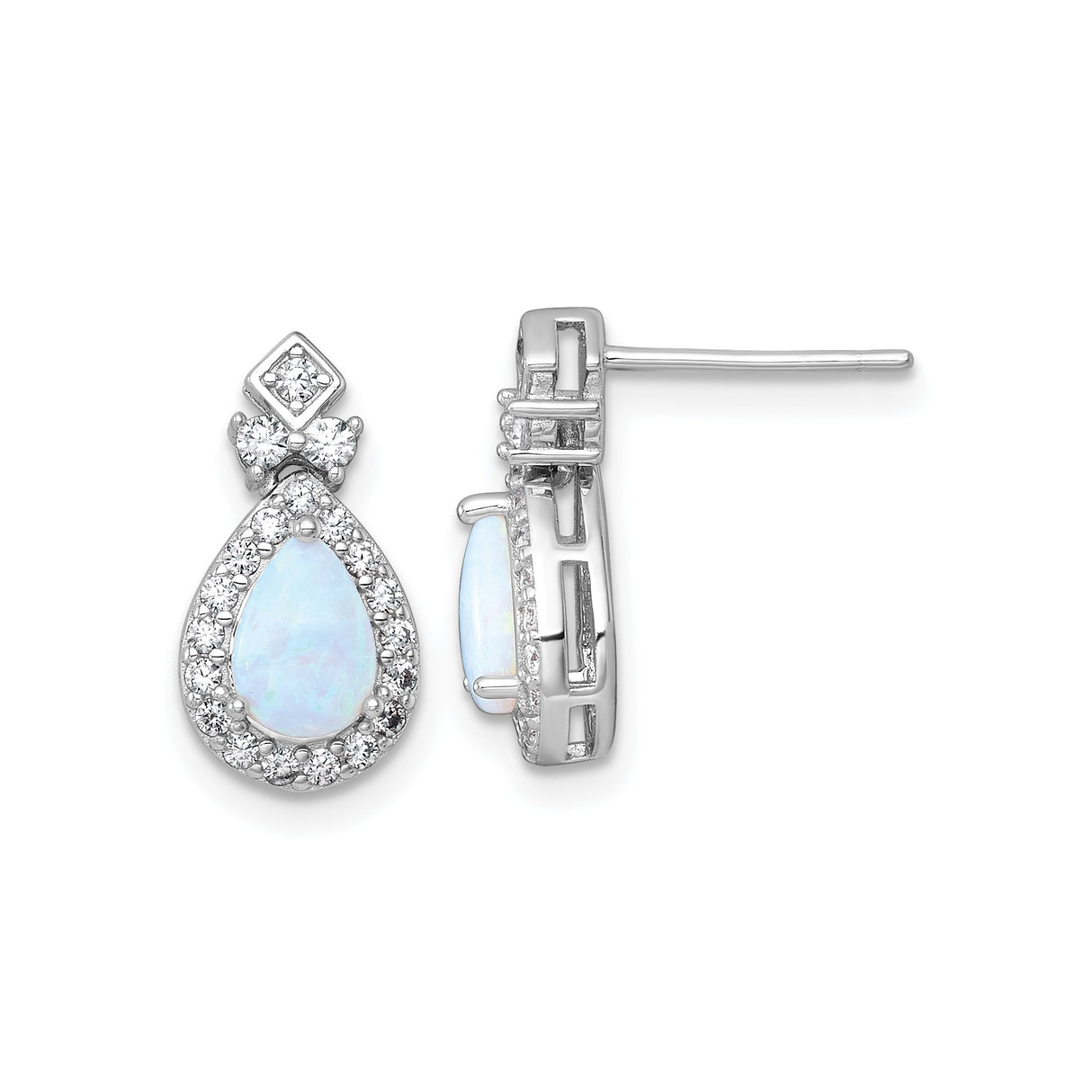 Sterling Silver Teardrop Stud Earrings with Created Opal Center and Cubic Zirconia Halo
