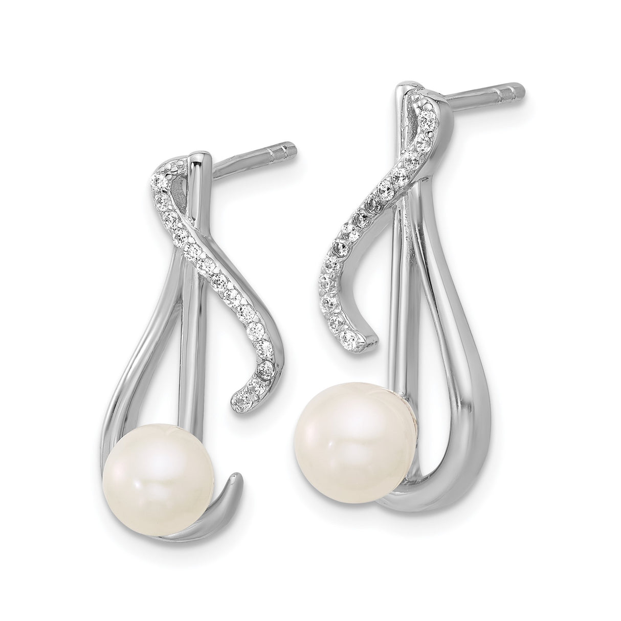 Sterling Silver Pearl Stud Earrings with Cubic Zirconia, Modern Twist Design for Women