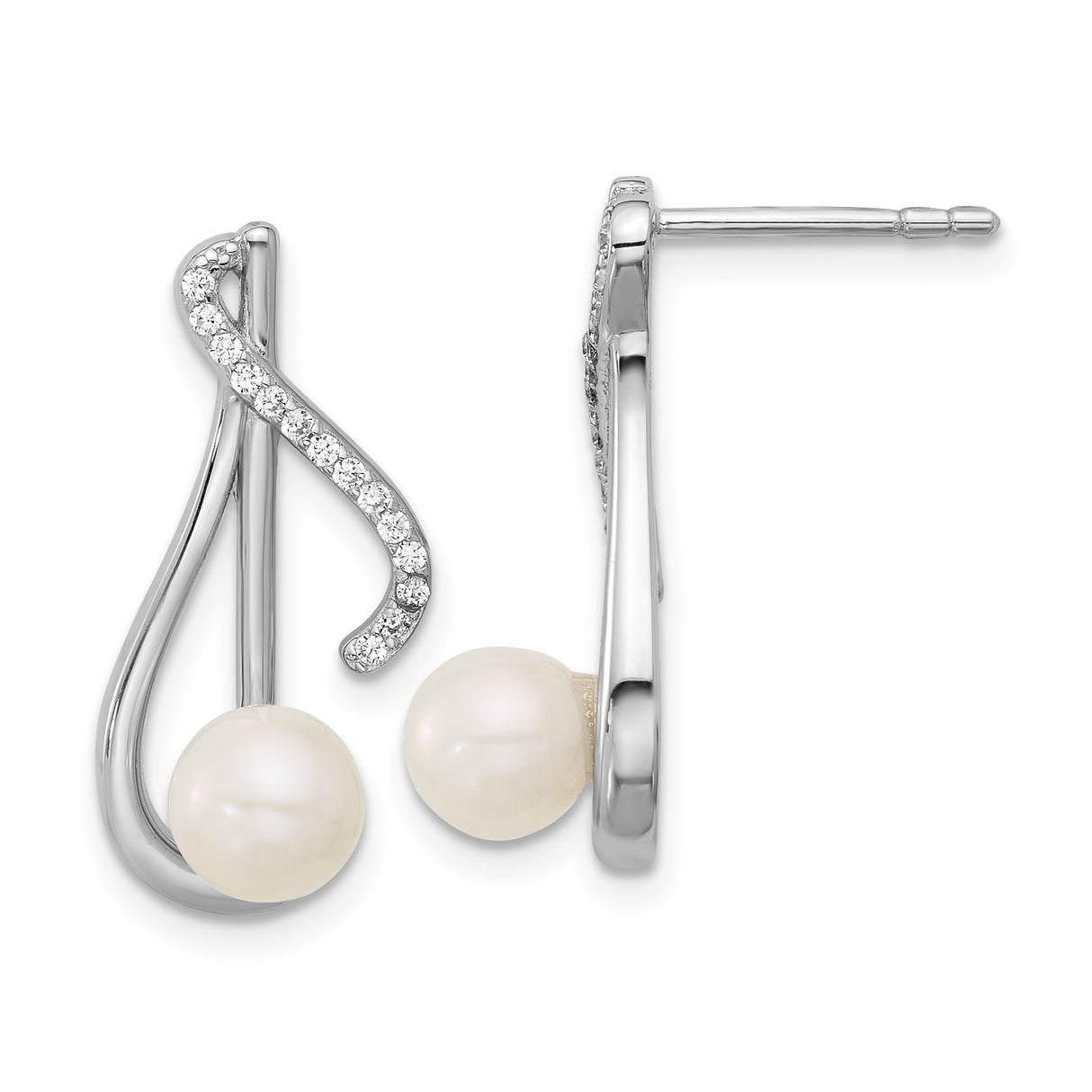 Sterling Silver Pearl Stud Earrings with Cubic Zirconia, Modern Twist Design for Women