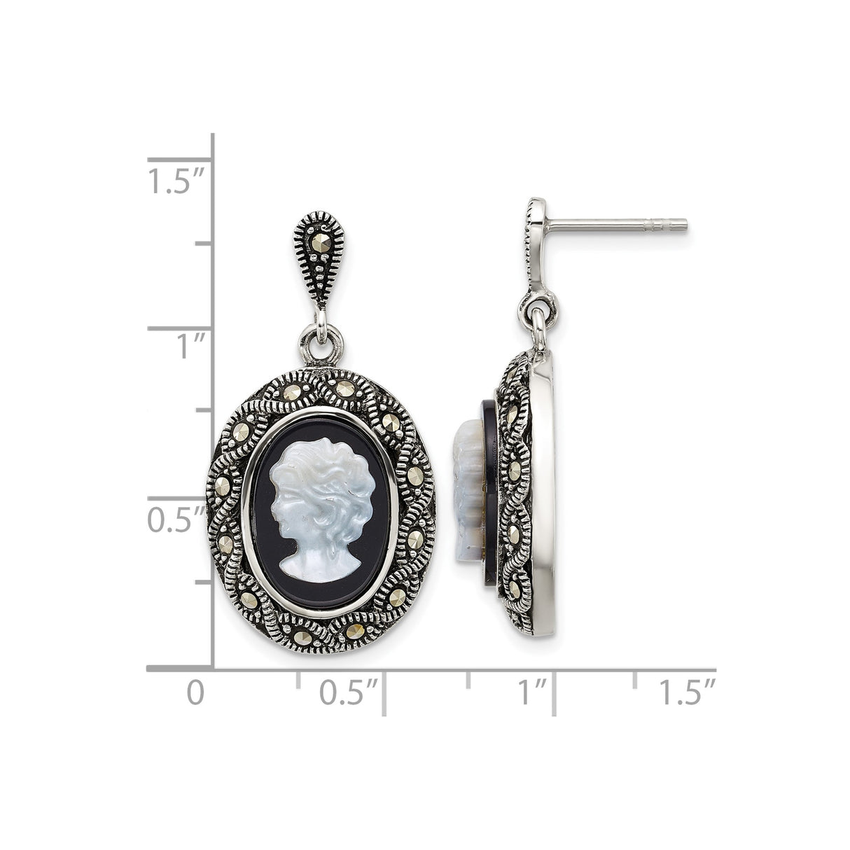Sterling Silver Cameo Drop Earrings with Black Agate, Marcasite Accents, Victorian Style