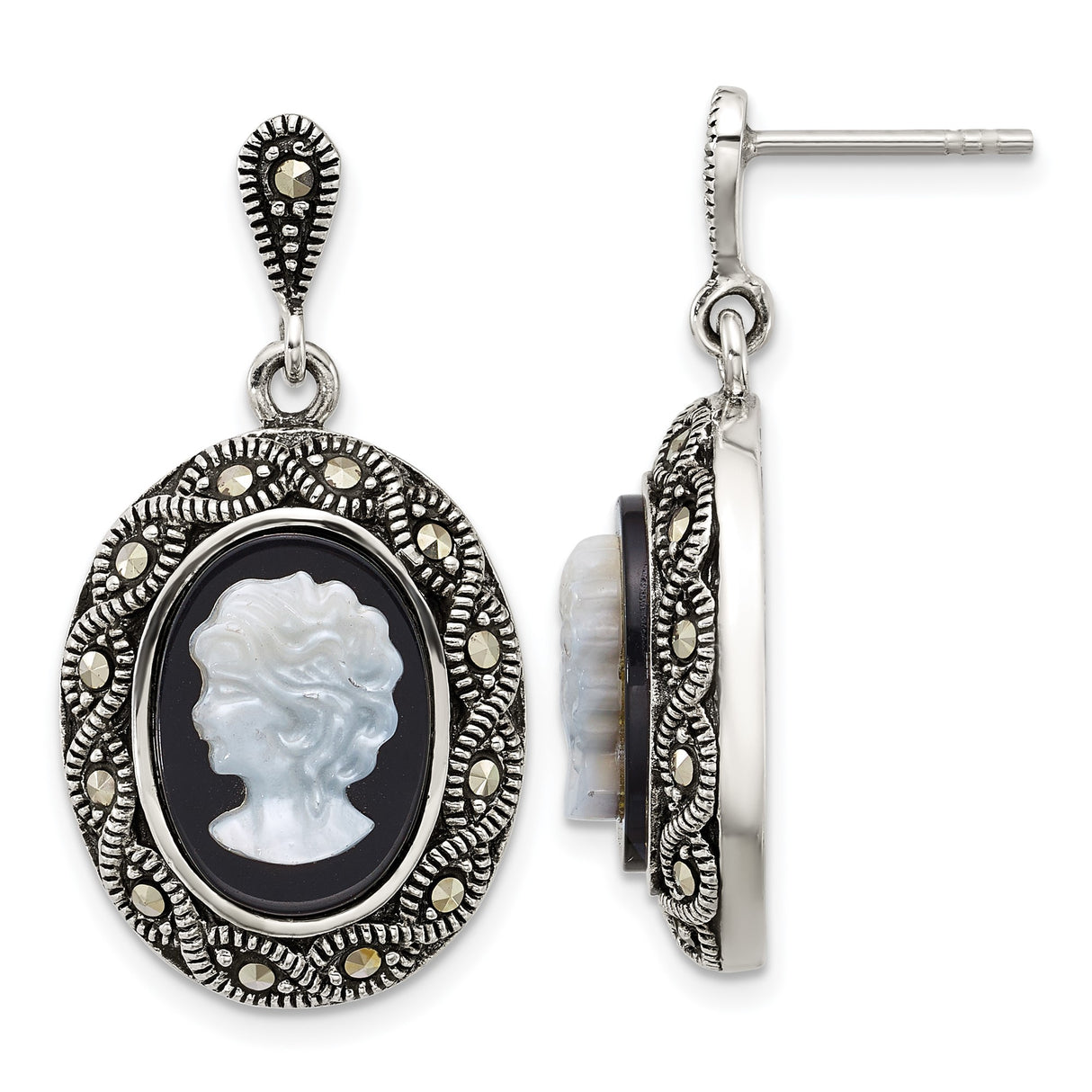 Sterling Silver Cameo Drop Earrings with Black Agate, Marcasite Accents, Victorian Style