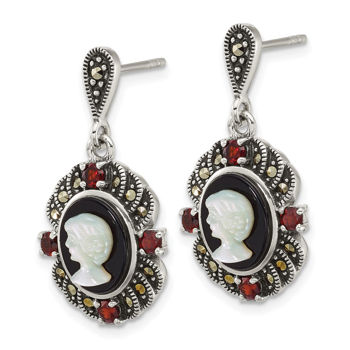 Sterling Silver Cameo Drop Earrings with Garnet, Marcasite and Black Agate, Victorian Style