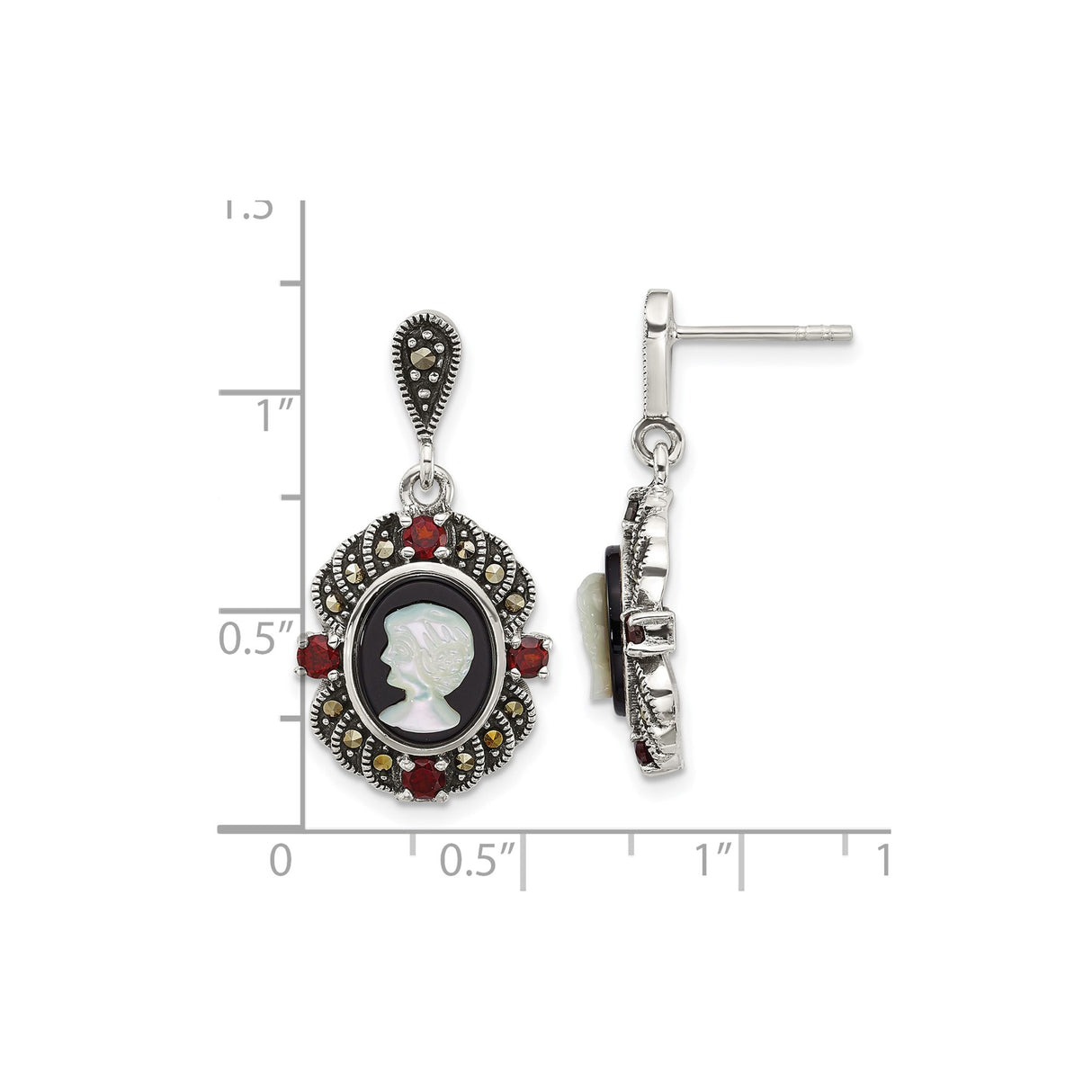 Sterling Silver Cameo Drop Earrings with Garnet, Marcasite and Black Agate, Victorian Style