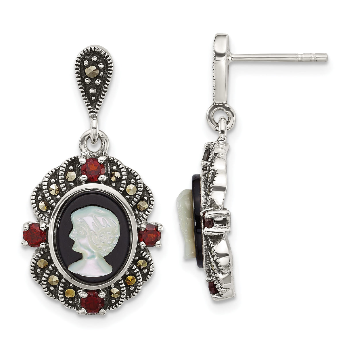Sterling Silver Cameo Drop Earrings with Garnet, Marcasite and Black Agate, Victorian Style