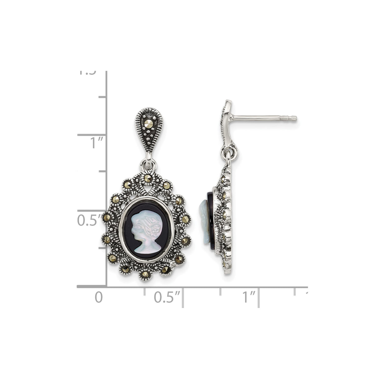 Sterling Silver Cameo Drop Earrings with Black Agate, Mother of Pearl, and Marcasite Accents