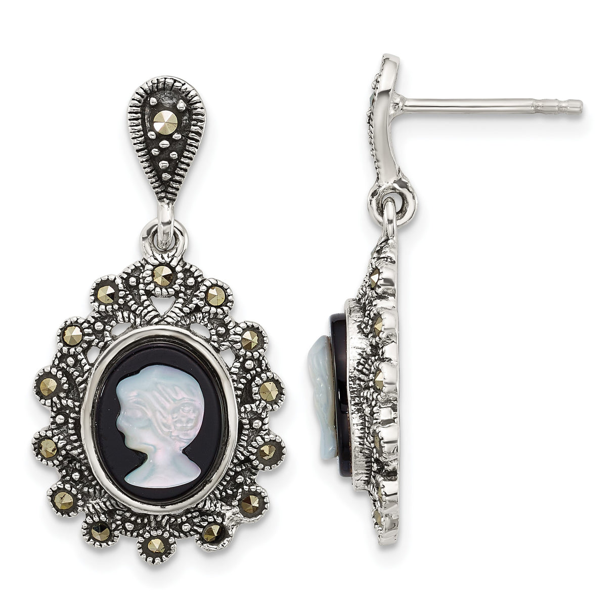 Sterling Silver Cameo Drop Earrings with Black Agate, Mother of Pearl, and Marcasite Accents