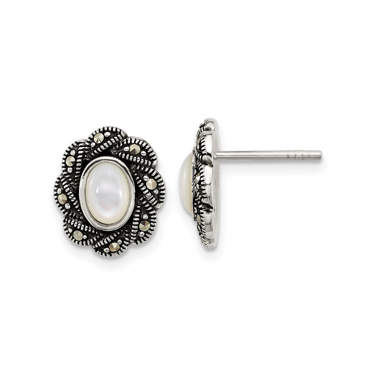 Sterling Silver Floral Stud Earrings with Mother of Pearl and Marcasite Accents