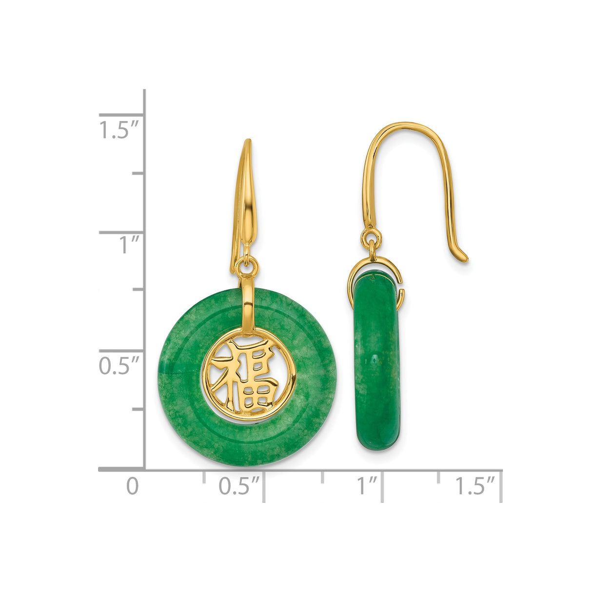 Sterling Silver Drop Earrings with Green Chalcedony Jade Discs and Fu Symbol