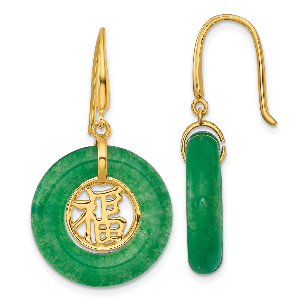 Sterling Silver Drop Earrings with Green Chalcedony Jade Discs and Fu Symbol