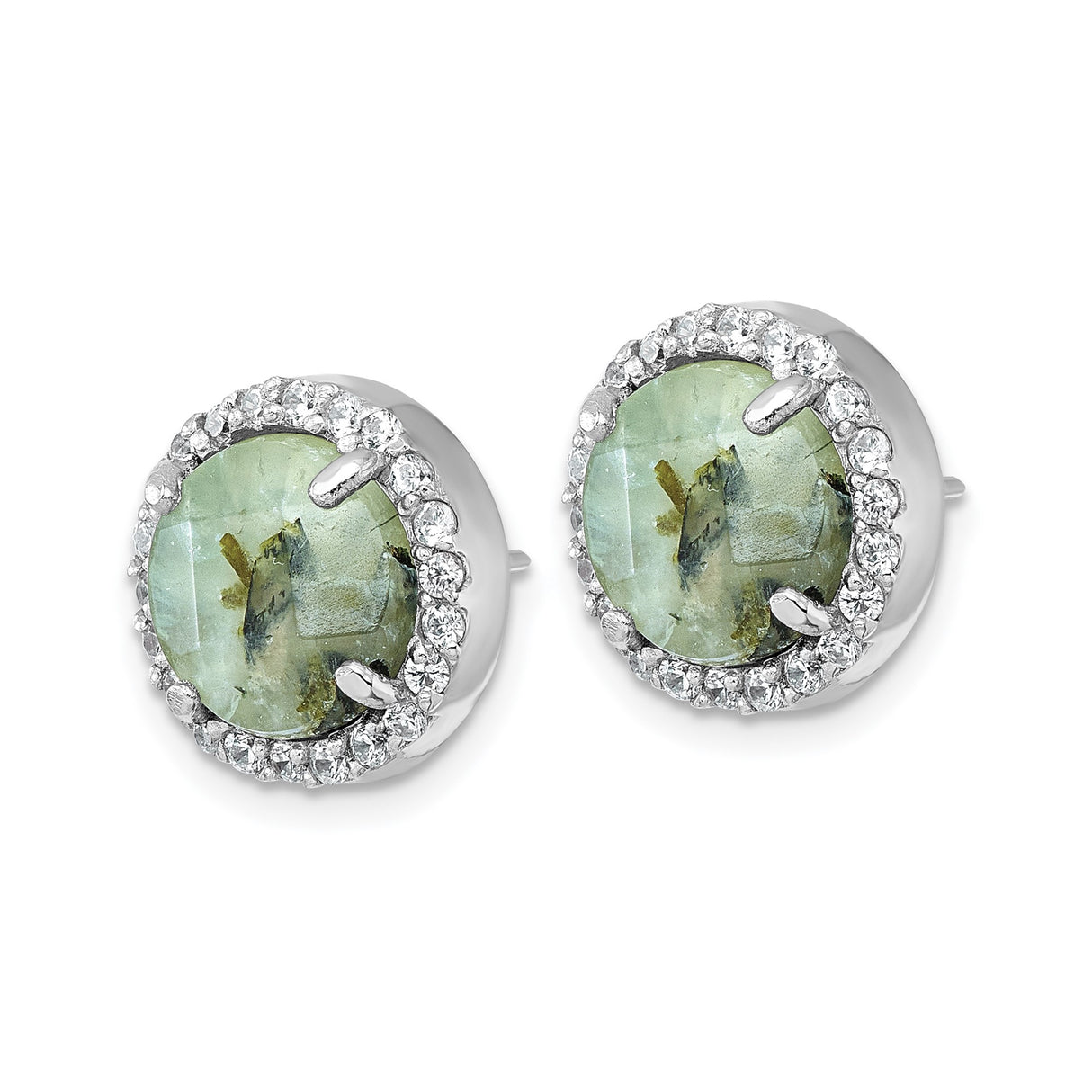 Sterling Silver Stud Earrings with Faceted Green Prehnite and Cubic Zirconia Halo