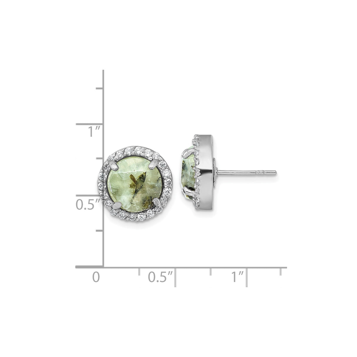 Sterling Silver Stud Earrings with Faceted Green Prehnite and Cubic Zirconia Halo