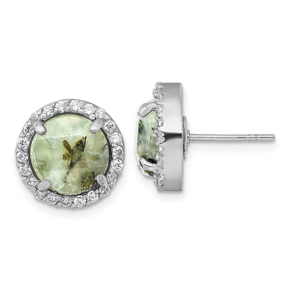 Sterling Silver Stud Earrings with Faceted Green Prehnite and Cubic Zirconia Halo