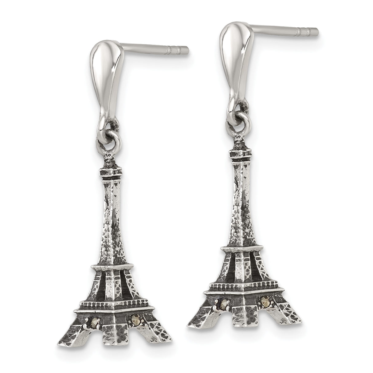 Sterling Silver Eiffel Tower Dangle Earrings with Marcasite, Paris Landmark Travel-Inspired Jewelry