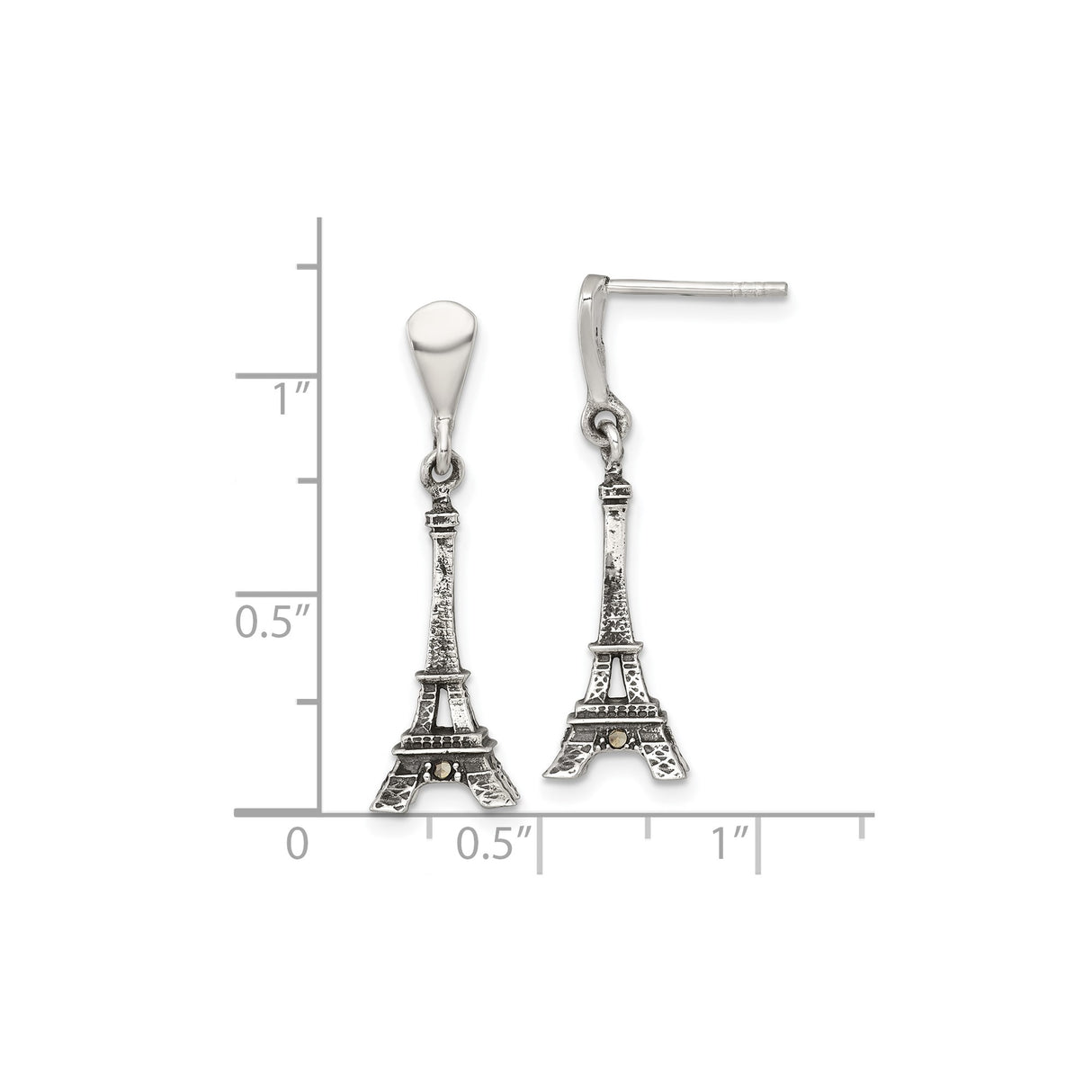 Sterling Silver Eiffel Tower Dangle Earrings with Marcasite, Paris Landmark Travel-Inspired Jewelry